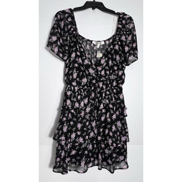 Rowa | Black & Pink Floral V-Neck Mini Dress With Layers size medium - Picture 1 of 4